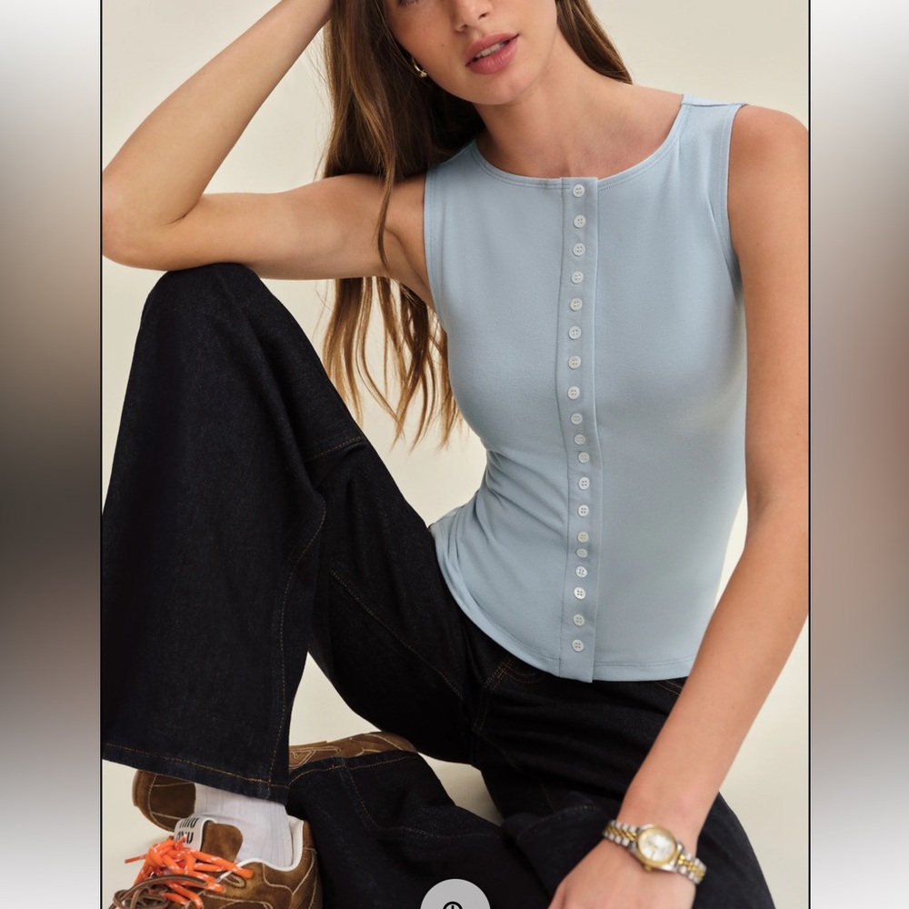 Reformation Julie Knit Light Blue Sleeveless Button Top